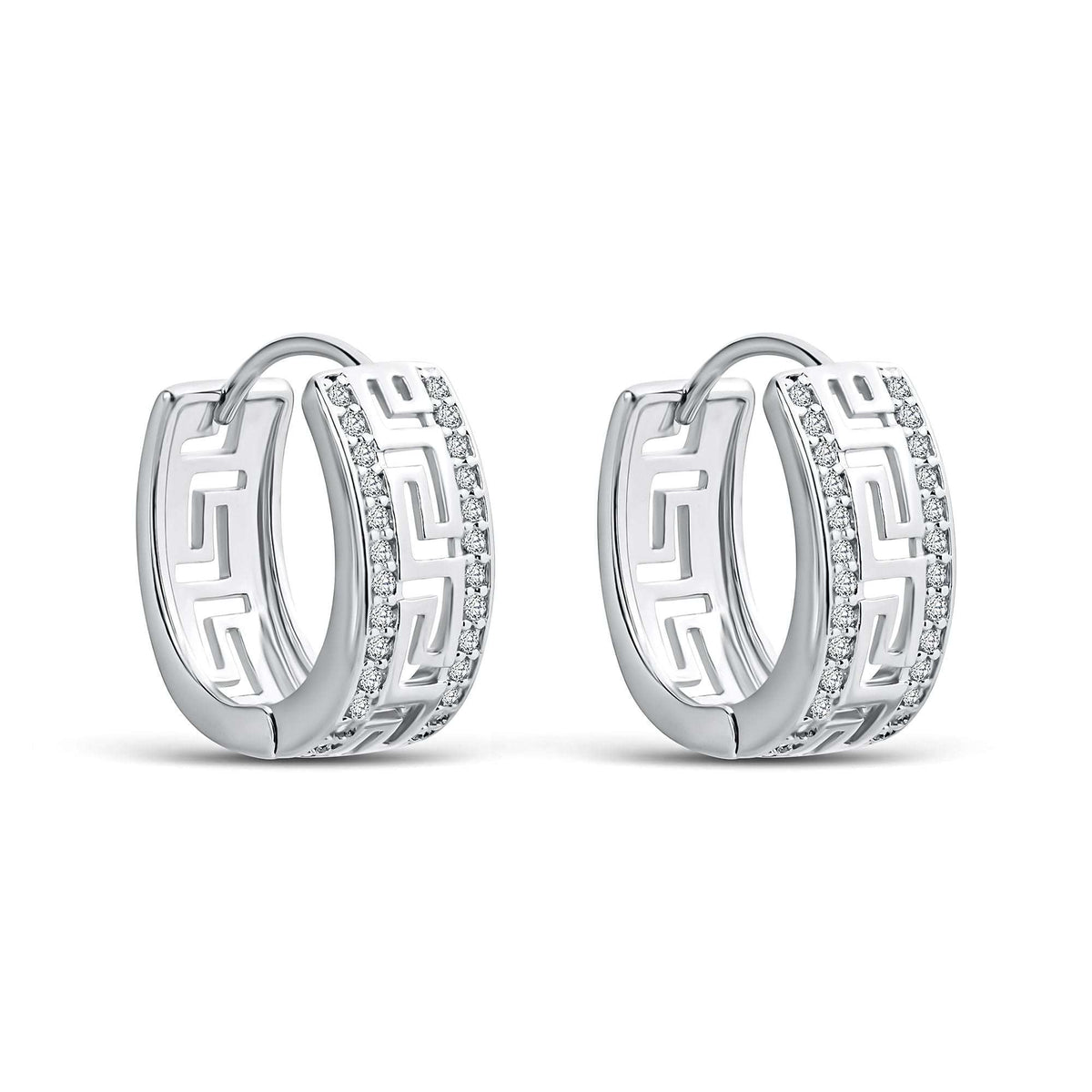 Laiad rõngakõrvarõngad kreeka meandrimustri ja kristallide ridadega, plaatinakate
