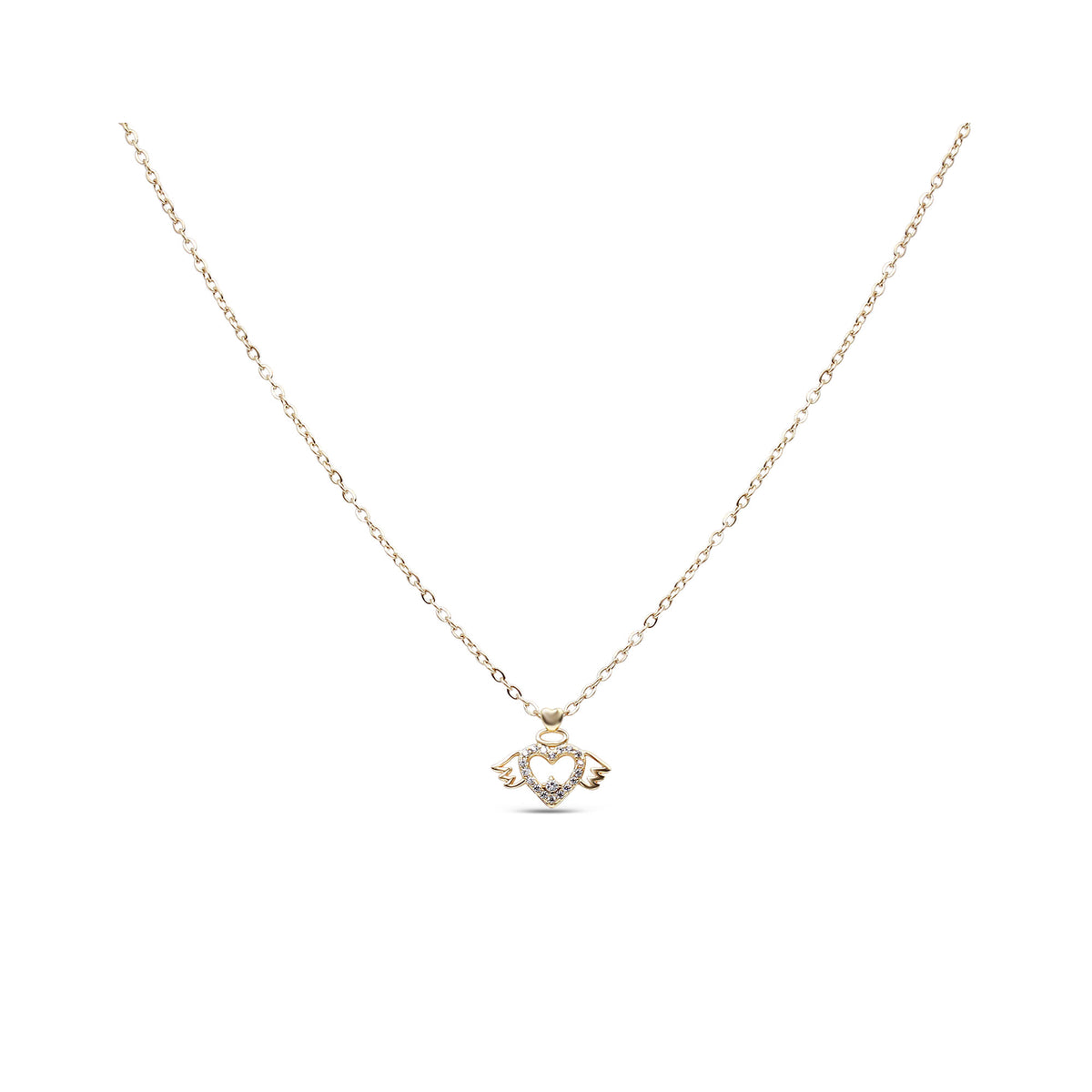 Kullatud kaelakee tiivulise südameripatsi ja sädelevate valgete tsirkoonidega