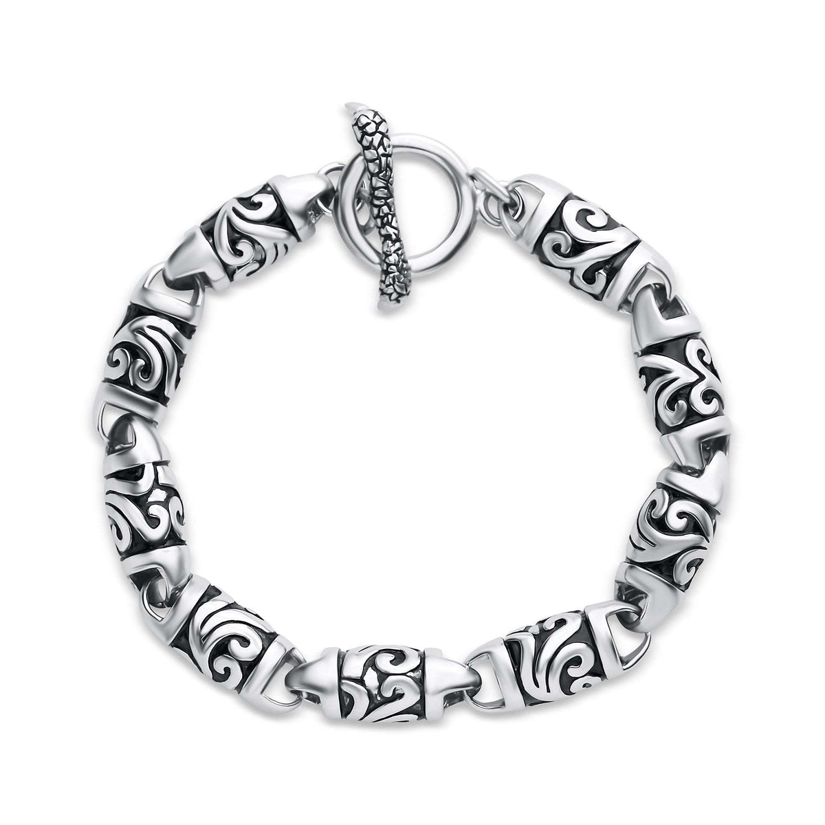 Massiivne meeste käevõru meditsiinilisest terasest ornamentaalsete lülide ja T-kujulise kinnisega